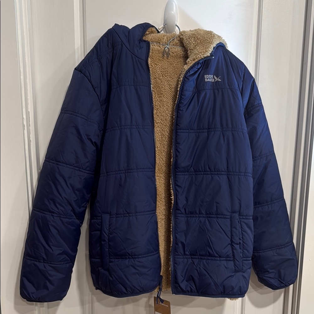 NEW--Eddie Bauer Kids Navy Puffer Jacket with Tan Lining